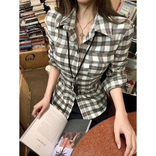 格纹翻领收腰衬衫 薄荷 修身 圆摆打底衬衫 上衣 Thas9i九亿 开衫 青衫