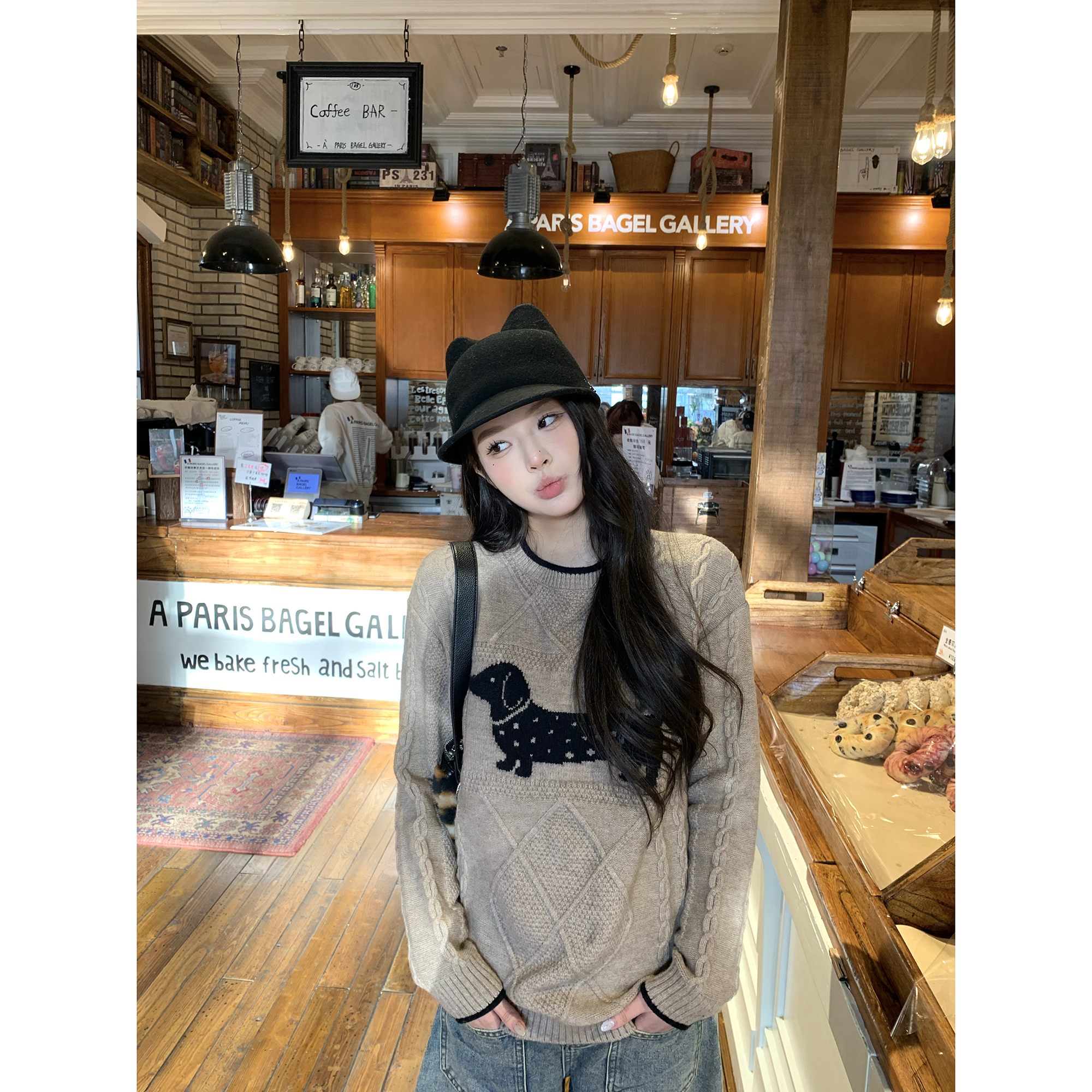 Thas9i九亿 腊肠小狗提花绞花菱格立体套头保暖宽松毛衣上衣