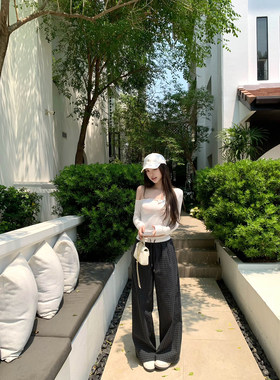 Thas9i九亿 拼接撞色腰头休闲直筒裤女宽松格纹黑灰抽绳阔腿裤