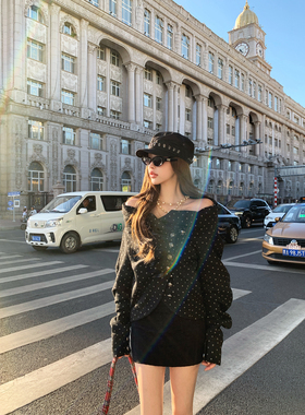 Thas9i九亿  学姐衣柜 双面波点20毛不规则领口复古毛呢外套