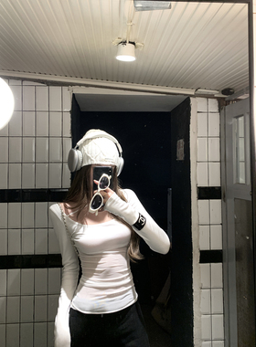 Thas9i九亿 修身弹力大U领打底衫女网纱拼接内搭长袖T恤针织上衣