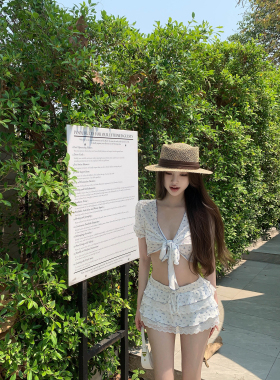 Thas9i九亿 蓝白碎花泡泡袖绑结上衣女蕾丝拼接多层次荷叶边短裙