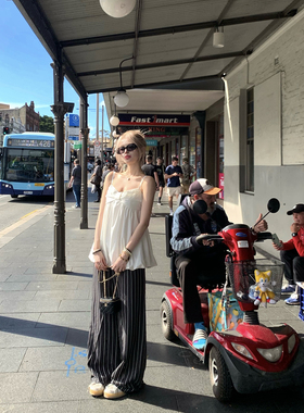 Thas9i九亿 时尚编辑 条纹低腰阔腿裤百搭宽松直筒通勤休闲长裤女