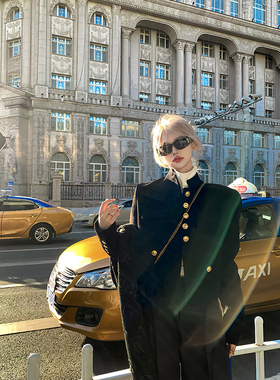 Thas9i九亿 财阀千金 高级感黑色小香风立领短外套女直筒西裤套装