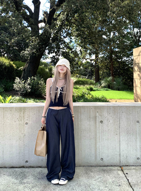 Thas9i九亿 冰爽原牛 蕾丝拼接假两件低腰轻薄牛仔裤女弯刀阔腿裤