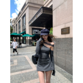 Thas9i九亿 蕾丝拼接肌理感针织斜肩上衣女竖条纹小狗刺绣半身裙