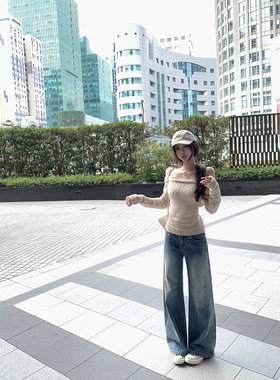 Thas9i九亿 复古做旧水洗磨白铆钉烫钻曲线分割直筒低腰牛仔裤女