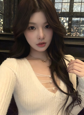 Thas9i九亿 磨毛肌理感V领修身打底衫女纯欲镂空拼接网纱针织衫