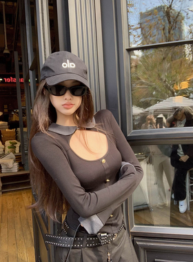 Thas9i九亿 扇形镂空拼接领黑色针织衫女修身长袖T恤打底上衣