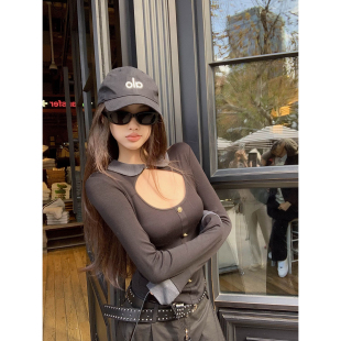 长袖 女修身 T恤打底上衣 扇形镂空拼接领黑色针织衫 Thas9i九亿