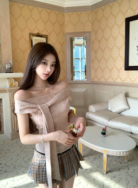 Thas9i九亿 一字肩系带绞花磨毛针织背心女弹力收腰肌理感上衣