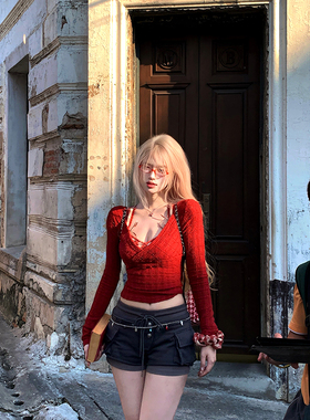 Thas9i九亿 薄雾玫瑰 V领露腰针织衫女春新款后背系带显瘦短上衣