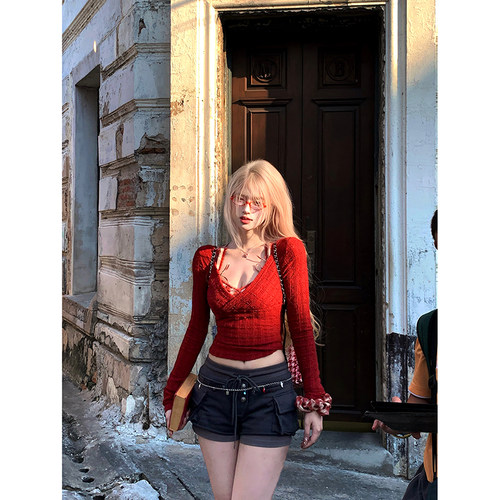 Thas9i九亿红色V领长袖针织衫