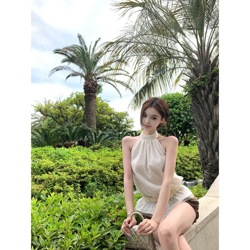 Thas9i九亿温柔米白挂脖无袖绑带背心双层网纱抽皱水母型小上衣