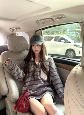 Thas9i九亿学院风坑条撞色绞花针织衫女宽松拼接翻领oversize卫衣