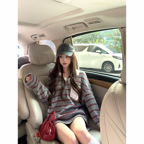 Thas9i九亿学院风坑条撞色绞花针织衫女宽松拼接翻领oversize卫衣