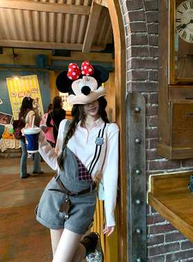 Thas9i九亿 粉色压条polo衫T恤上衣女学院风短款毛呢背带裤套装