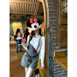 Thas9i九亿 粉色压条polo衫T恤上衣女学院风短款毛呢背带裤套装