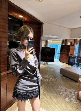 Thas9i九亿 缎面荡领上衣系带修身衬衫女高级毛毛亮片短款半身裙