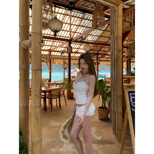 Thas9i九亿 多层次荷叶边辣妹低腰裙裤女休闲抽绳松紧腰白色短裤