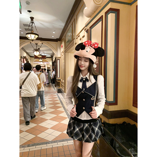 Thas9i九亿 修身花边压褶白色衬衫女学院风徽章刺绣马甲抹胸套装