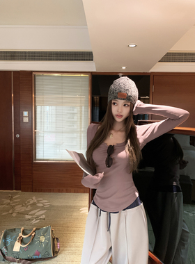 Thas9i九亿 柔软亲肤弹力大U领针织T恤女修身拼接长袖打底衫上衣