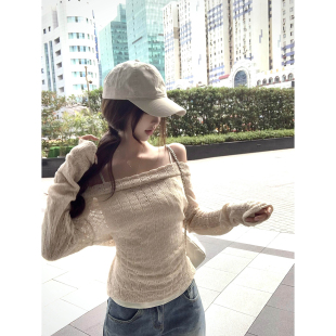 Thas9i九亿 女缎面抽褶花苞吊带 镂空肌理感宽松一字肩针织罩衫