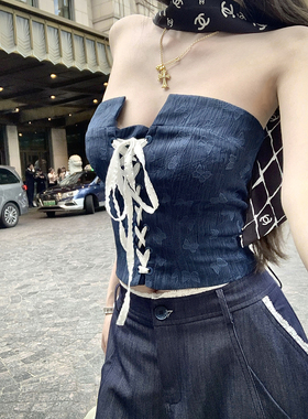 Thas9i九亿 蝶翼油墨 立体提花蝴蝶抹胸绑带甜酷胸衣收腰显瘦上衣