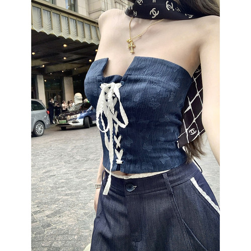 Thas9i九亿 蝶翼油墨 立体提花蝴蝶抹胸绑带甜酷胸衣收腰显瘦上衣