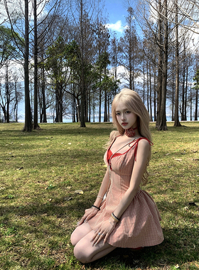 Thas9i九亿 莉莉安梦境 格纹绑带吊带短裙收腰显瘦蓬蓬仙女连衣裙