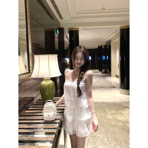 Thas9i九亿蕾丝肩带拼接珍珠撞色吊带蓬蓬裙女双层蕾丝蛋糕连衣裙