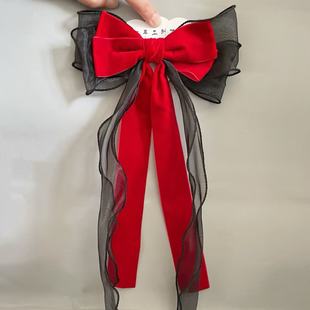新年红蝴蝶结头饰儿童丝绒女孩飘带公主发饰洛丽塔lolita暗黑发夹