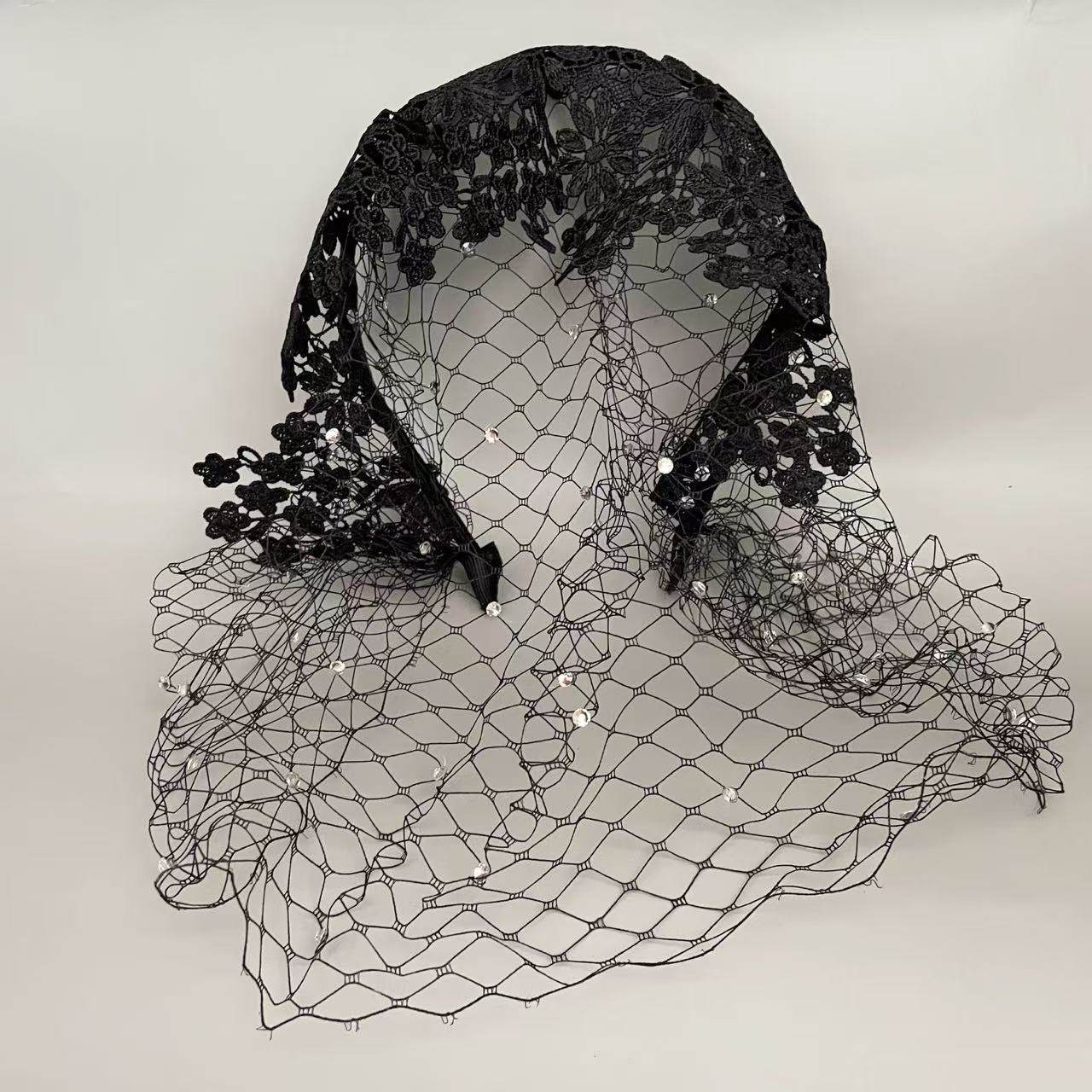 亚马逊复古欧美新娘茶会派对蕾丝网纱发饰遮脸水钻面纱发卡箍