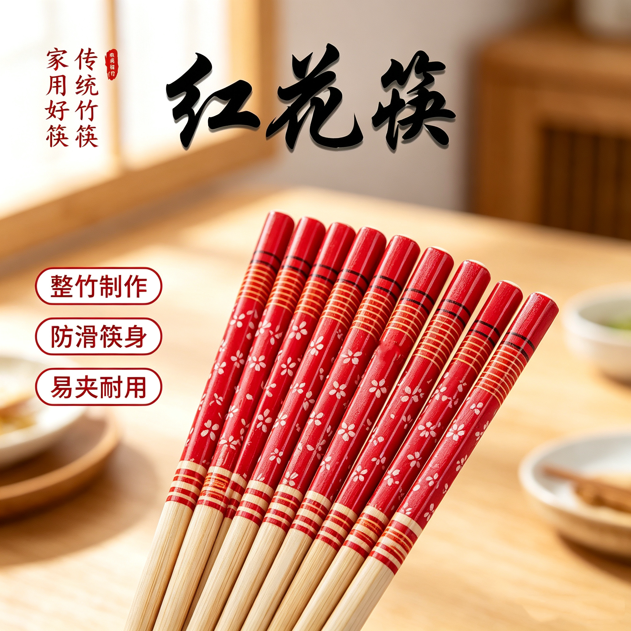 婚礼喜庆红色天然竹筷套装