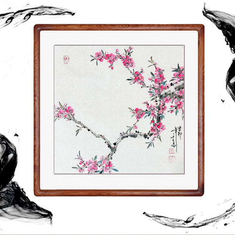 国画桃花纯手绘真迹客厅装饰画写意花鸟画挂画实木框画心卷轴装裱