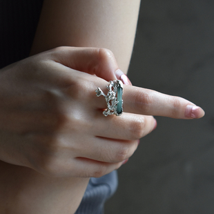 東黑三白/白梅青 s93纯银小众花型原创设计感镶嵌玉开口戒指礼物