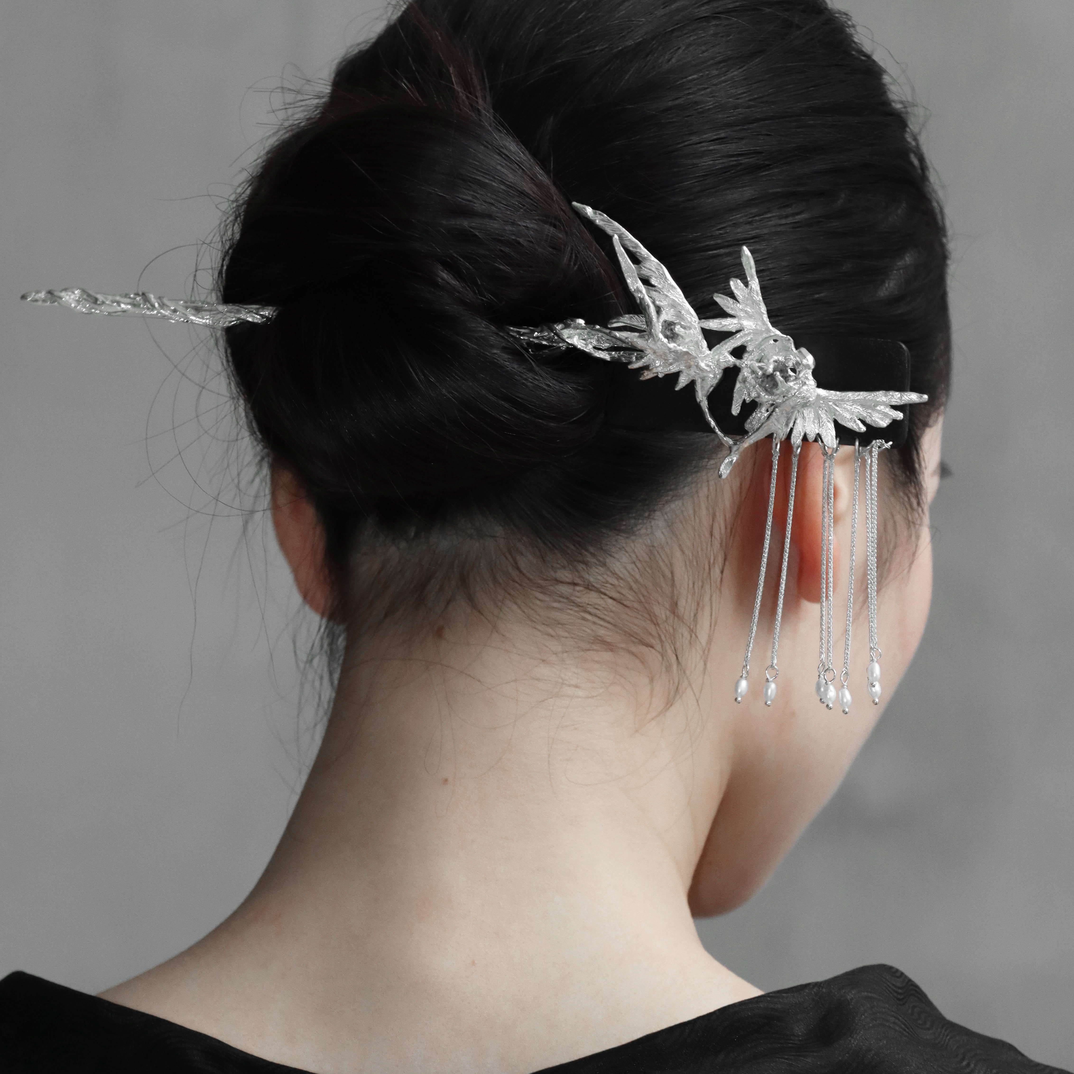 東黑三白/ 黑檀木银鸟 s930纯银原创发簪新中式国风暗黑发饰礼物