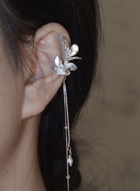 東黑三白/一朵海棠花 s93银原创纯设计感仙女流苏ab组合女耳夹钉