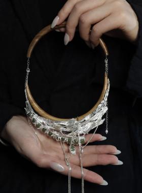 東黑三白/ 对月流霜 s930纯银原创设计玉石檀木小众中式项圈礼物