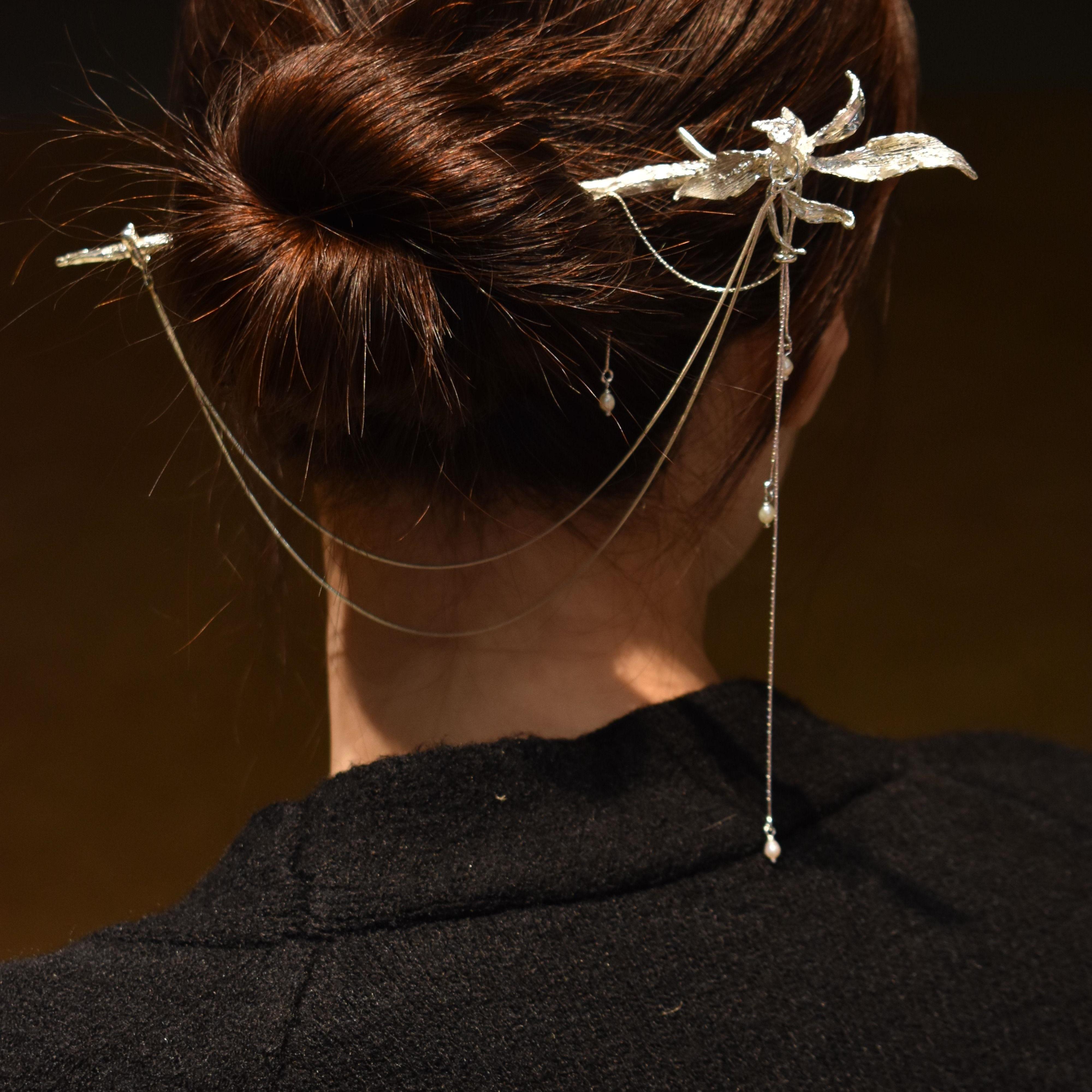 東黑三白/ 相芬叶 s930纯银原创设计中式立体兰花叶流苏步摇发簪