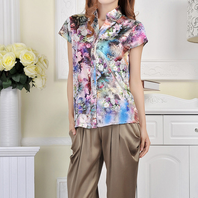 真丝衬衫女短袖薄款桑蚕丝印花