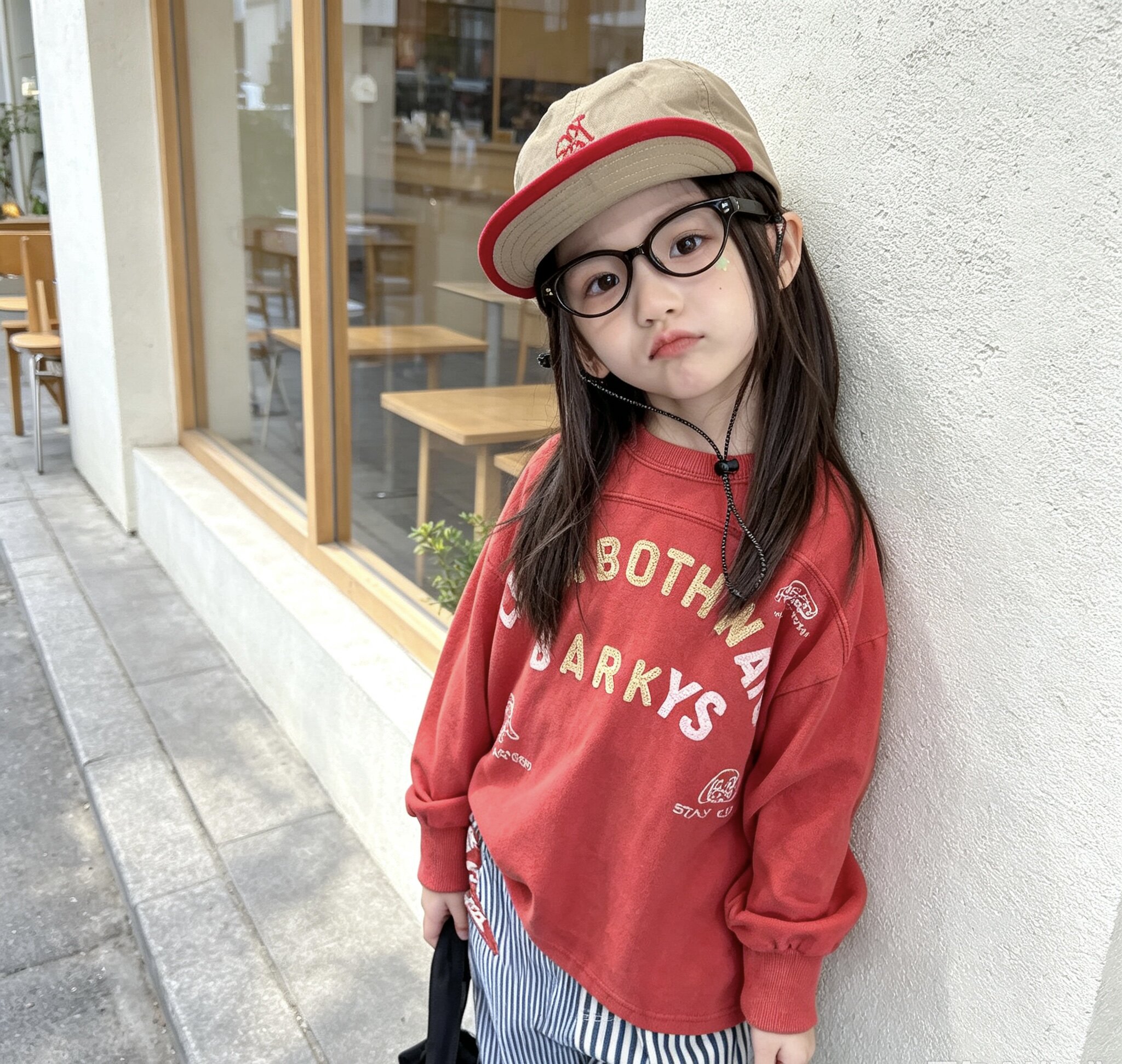 韩系松弛感男女童卫衣秋季 复古字母印花红色套头衫 宽松长袖打底