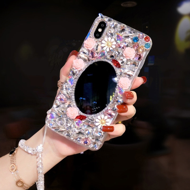 补妆镜子oppoReno15Pro镶钻手机壳高级感女reno14带钻闪13创意12全包11软套Findx9奢华水晶X8网红新款X7防摔6