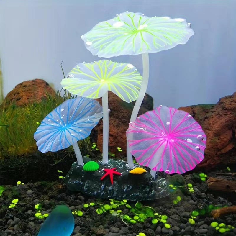 鱼缸水族箱造景夜光硅胶仿真荷叶假山厂家装饰品 4片荷叶蘑菇
