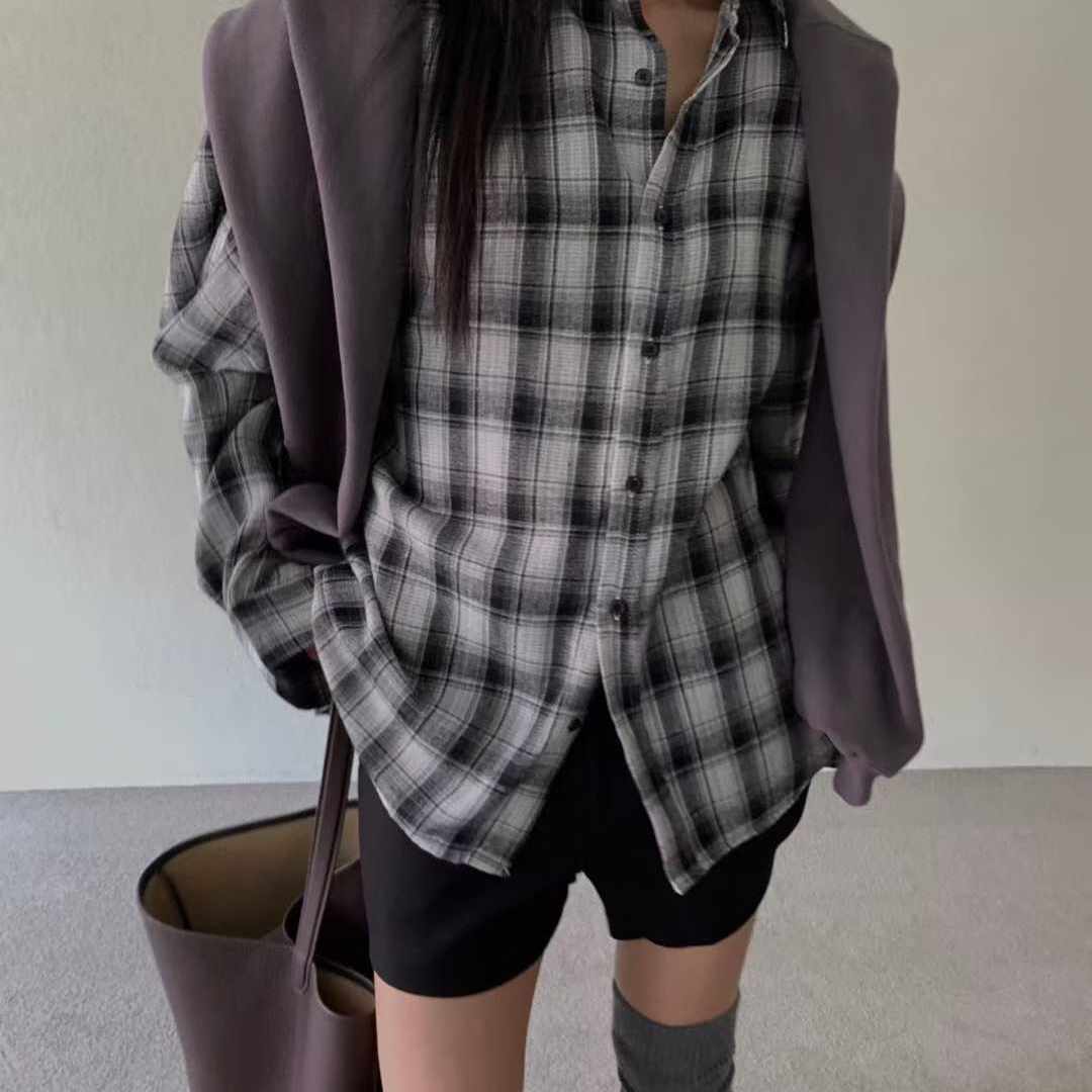 REPELLER时髦宽松格纹系扣衬衫