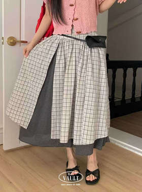 闪闪家 韩国东大门代购VAULT双层设计感格纹文艺半裙