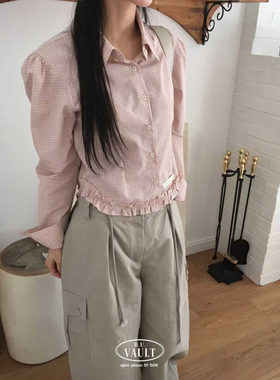 闪闪家 韩国东大门代购VAULT复古格纹束腰花边泡泡袖衬衫