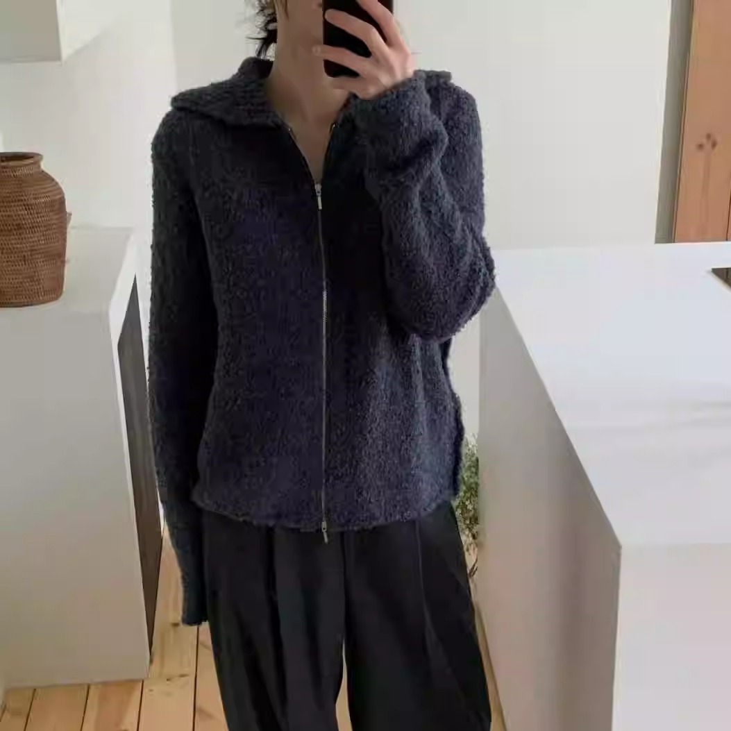 TASTE简单气质翻领拉链针织外套