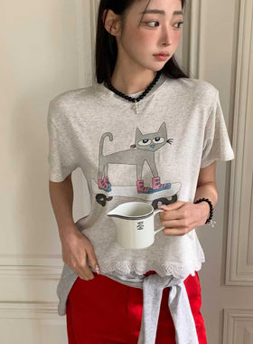 闪闪家 韩国东大门代购TARA BY MOTION可爱滑板猫咪短袖t