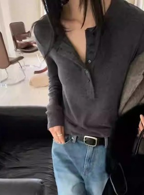 闪闪家 韩国东大门代购TEMPTING排扣圆领舒适百搭打底t